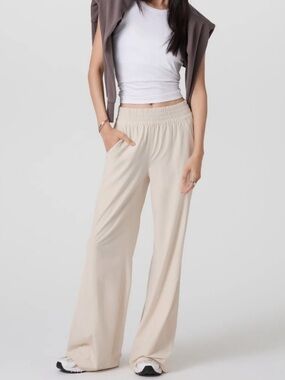 Vuori Haven Wide Leg Elastic Waist Pants- ribbed velour - Cream- medium
